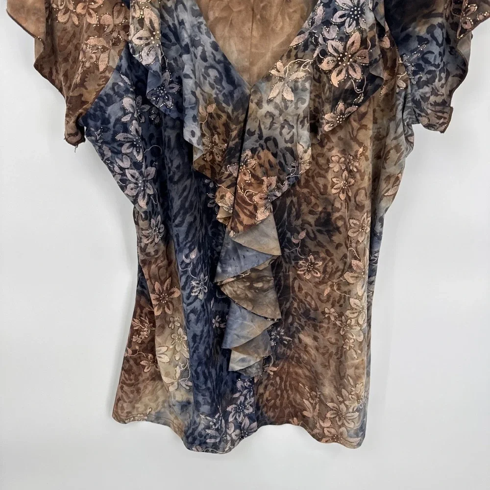 Vintage Y2K Dressbarn Top Womens Medium Brown Gray Grunge‎ Fairy Ruffle Sparkle
